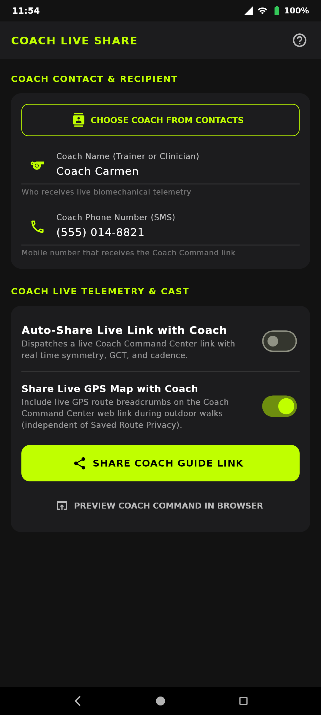 Coach Live Share Configuration & GPS Map Sharing