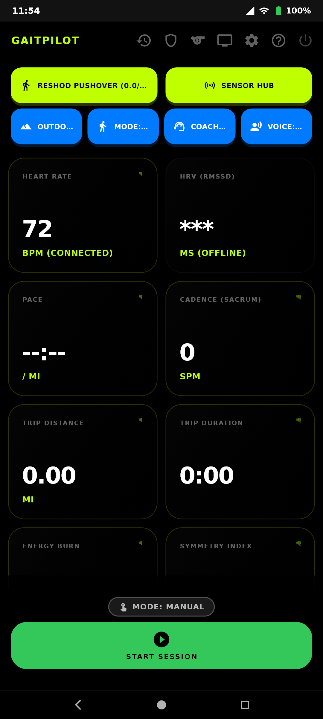 GaitPilot Main Telemetry Dashboard (Live Google Pixel Screen)