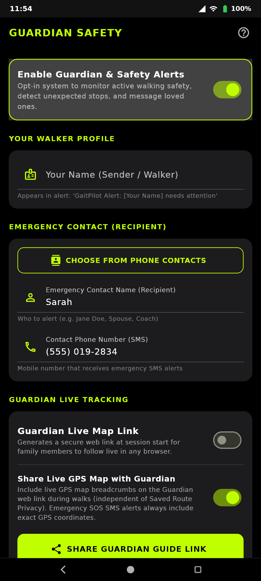 Guardian Safety Watchdog & Emergency Contact Settings