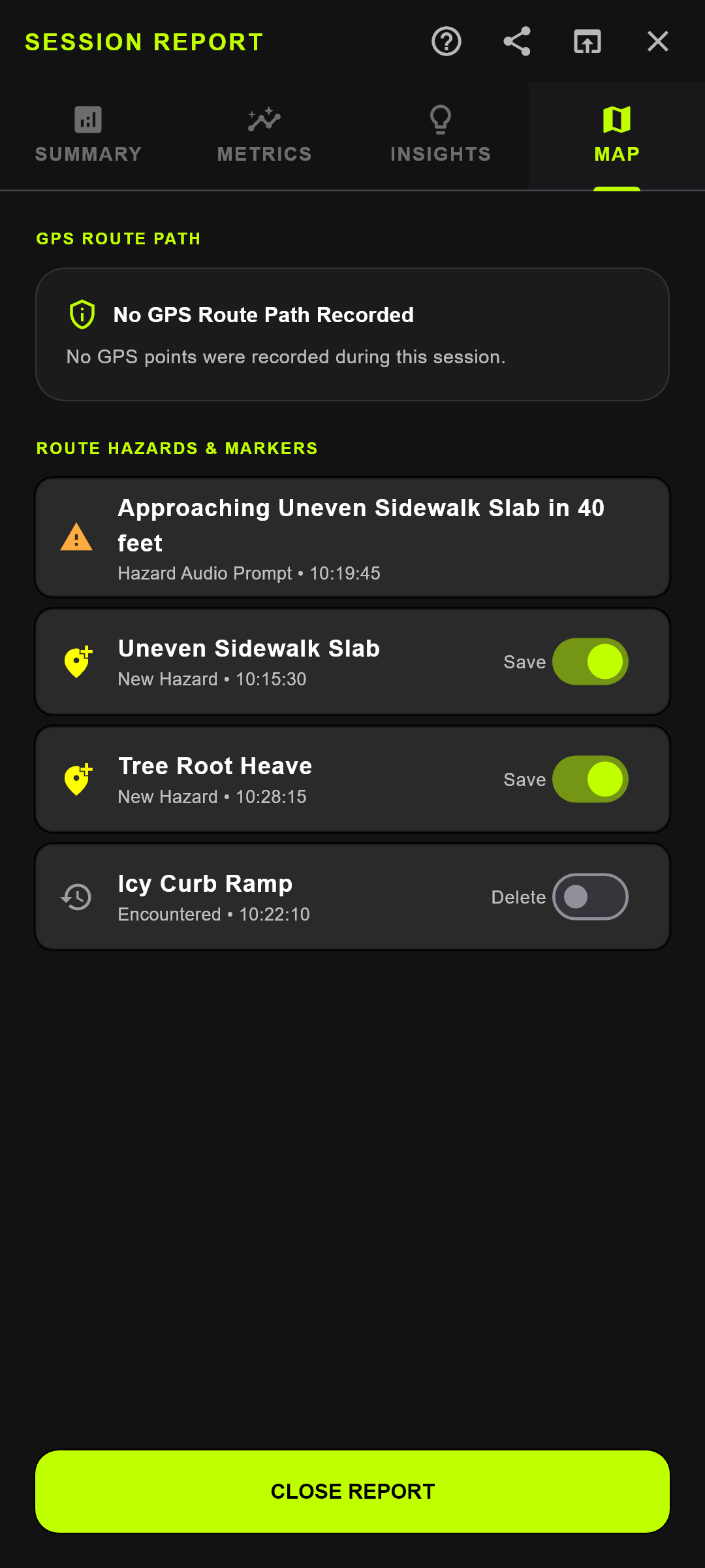 Session Report — MAP Tab: Route Privacy & Hazard Management (Live Google Pixel Screen)