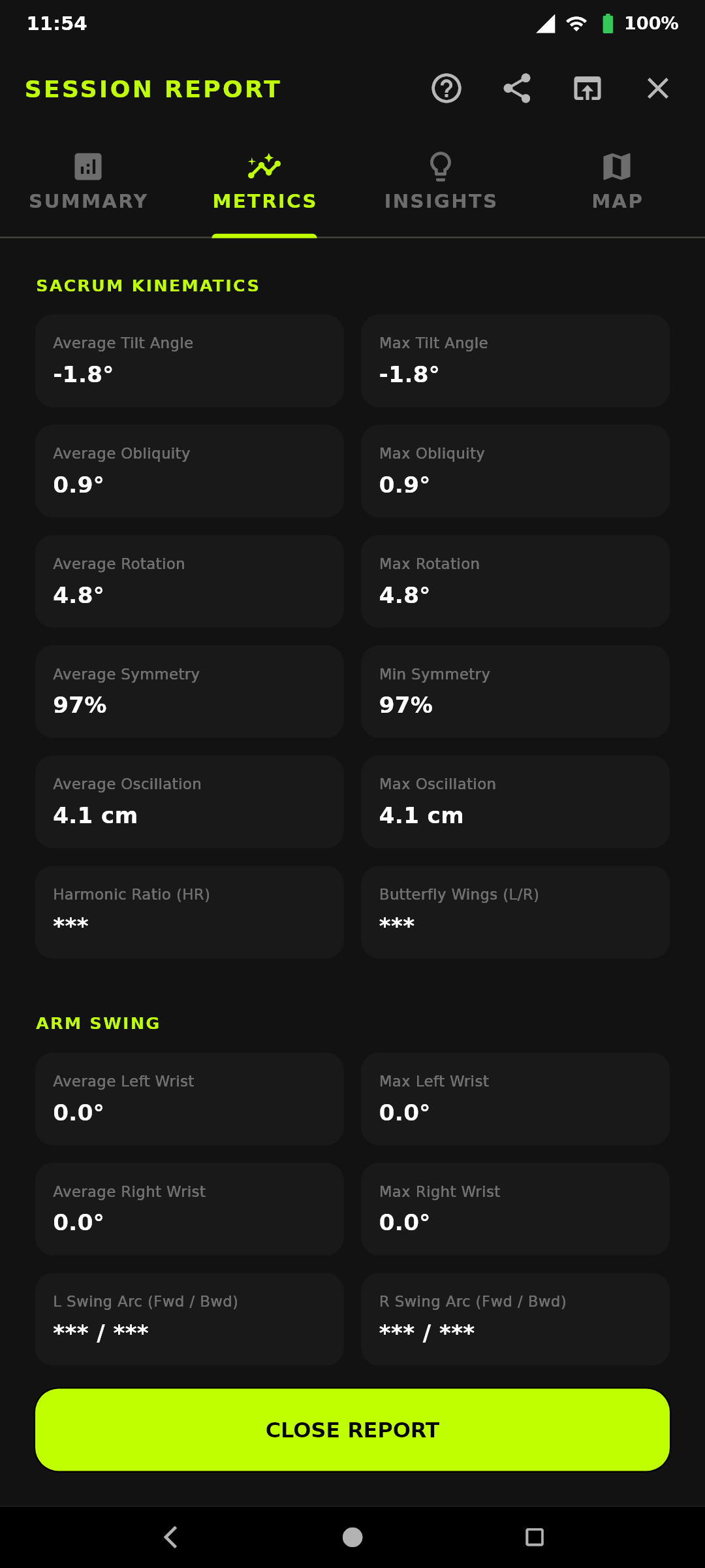 Session Report — Metrics Tab: Deep Biomechanics (Live Google Pixel Screen)