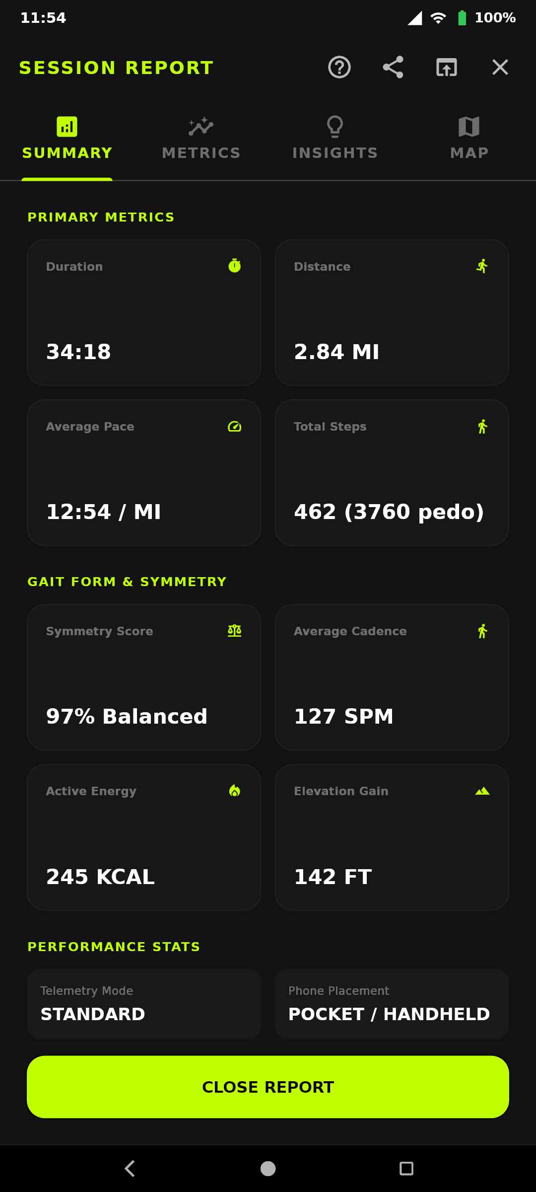 Session Report — Summary Tab (Live Google Pixel Screen)